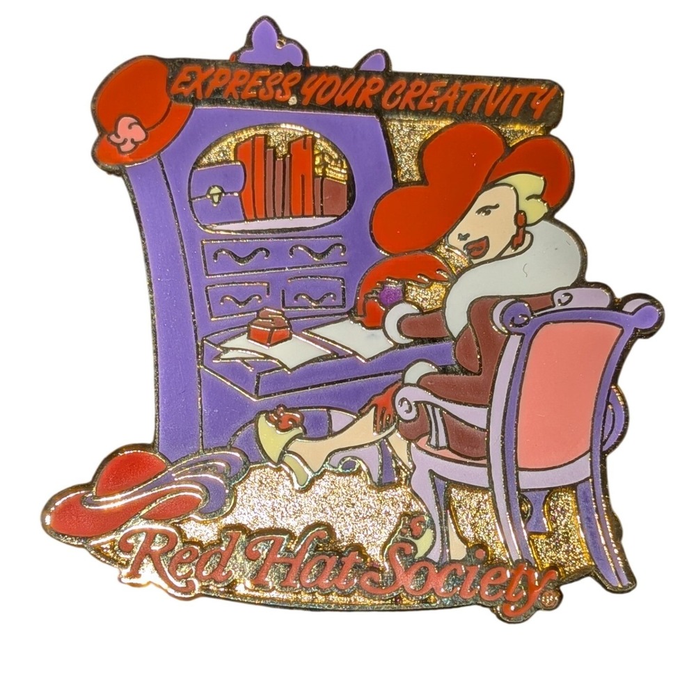 Red Hat Society Express Your Creativity Enamel Pin 2009 Purple Red Gold Glitter